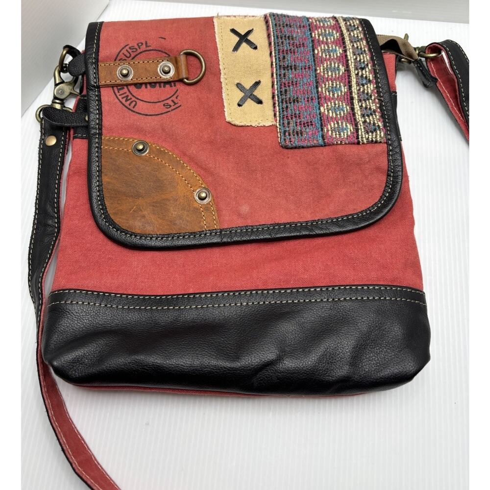 Myra Bag USA 1877 Stamped Upcycled Hobo Crossbody Bag Canvas Leather Boho 11x10”